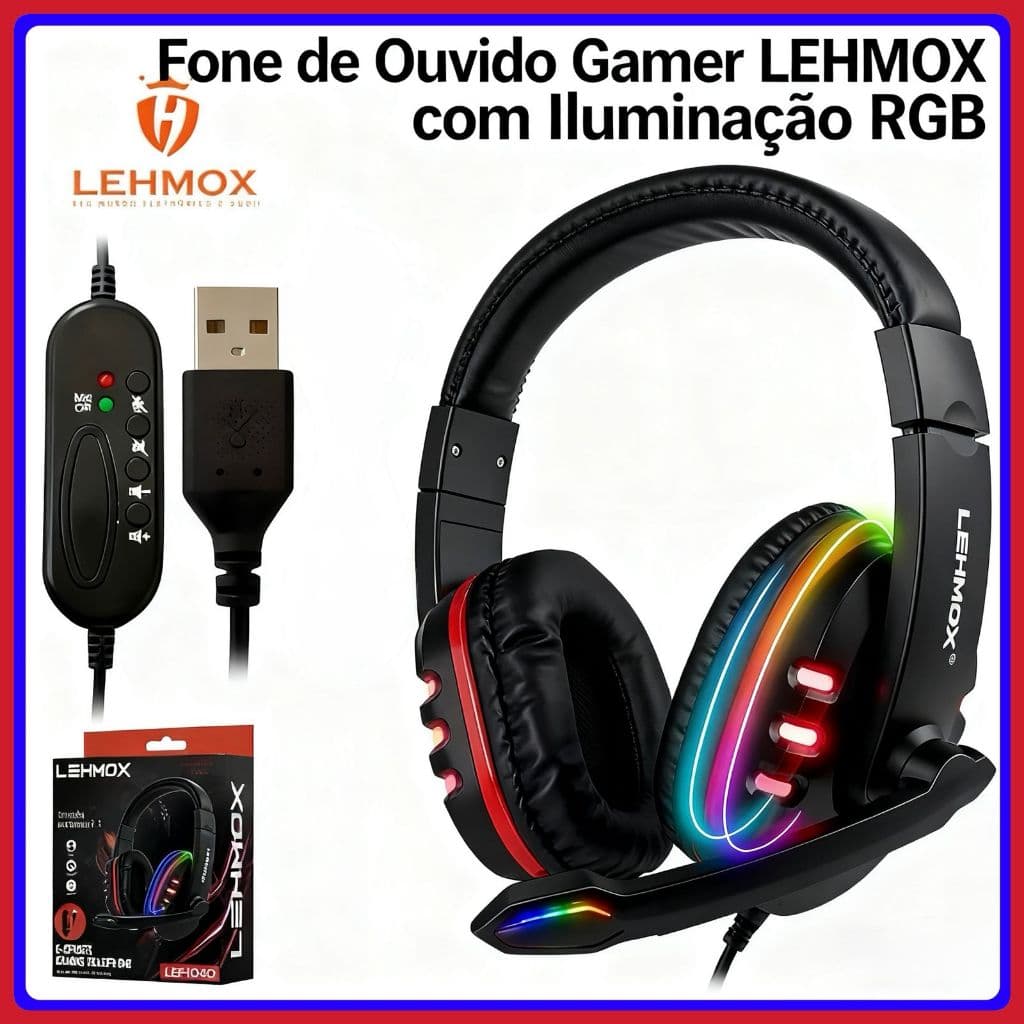 Fone de Ouvido Gamer Lehmox RGB com Microfone e Controle de Volume - Headset Para Games e Streaming