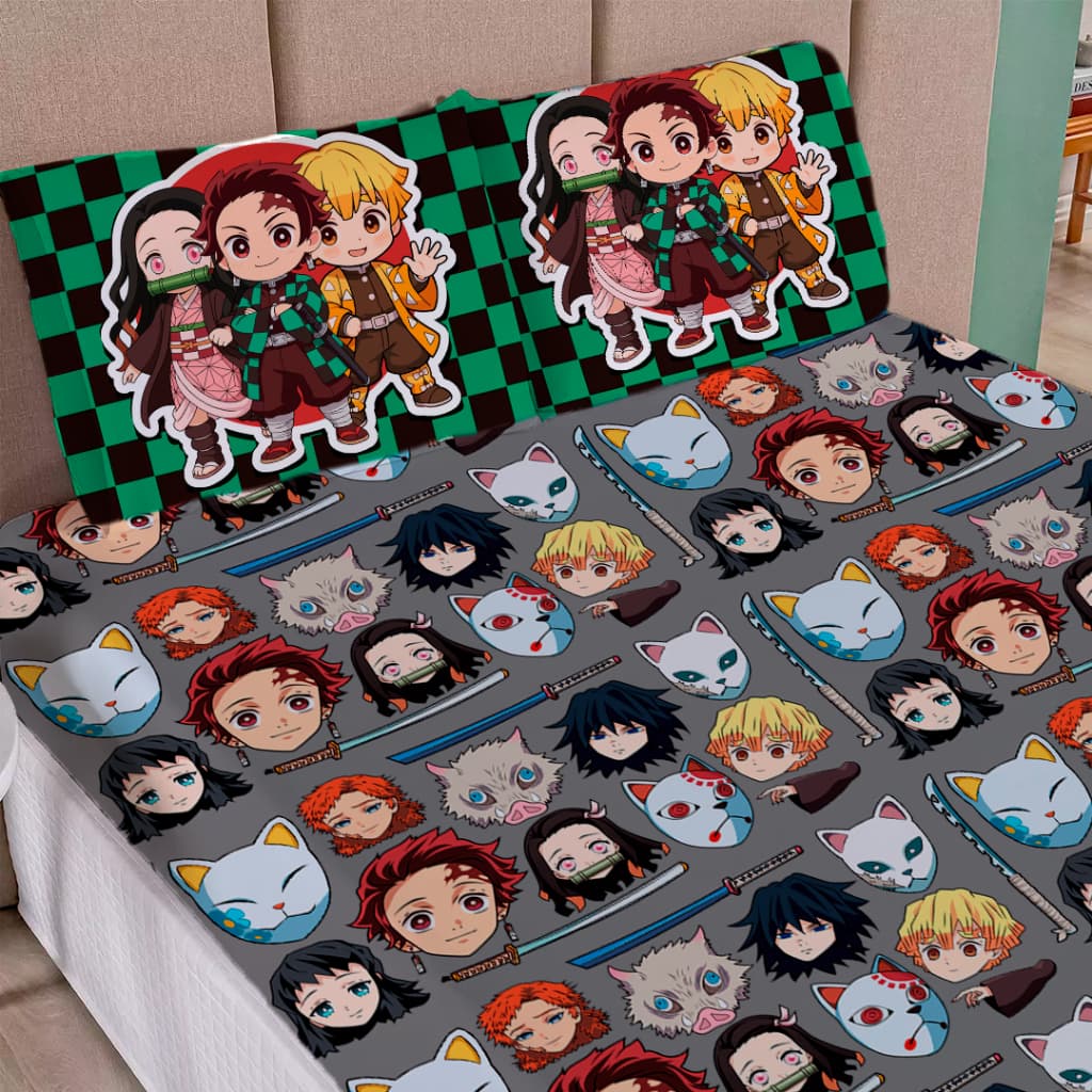 Kit lençol Casal Demon Slayer 3 peças - Casal Solteiro Queen - kit lençol Demon Slayer