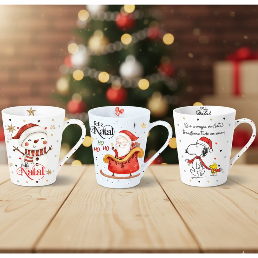 Kit 3 Canecas Natal 290ml Porcelana Presente Papai Noel Boneco de Neve Snoopy Natalina Comemoração