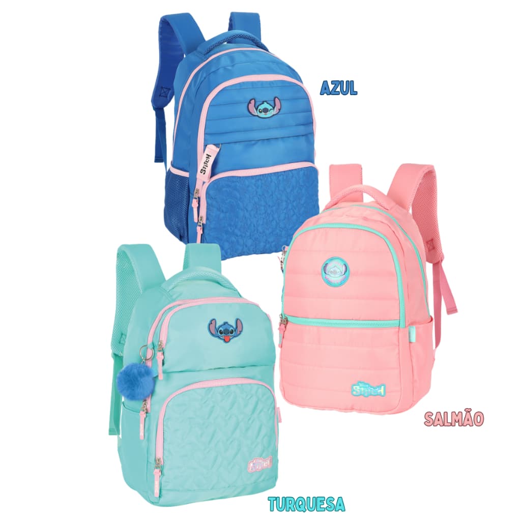 Mochila Escolar Stitch De Costas Crinkle Notebook Laptop Matelassê Chaveiro Pom Pom