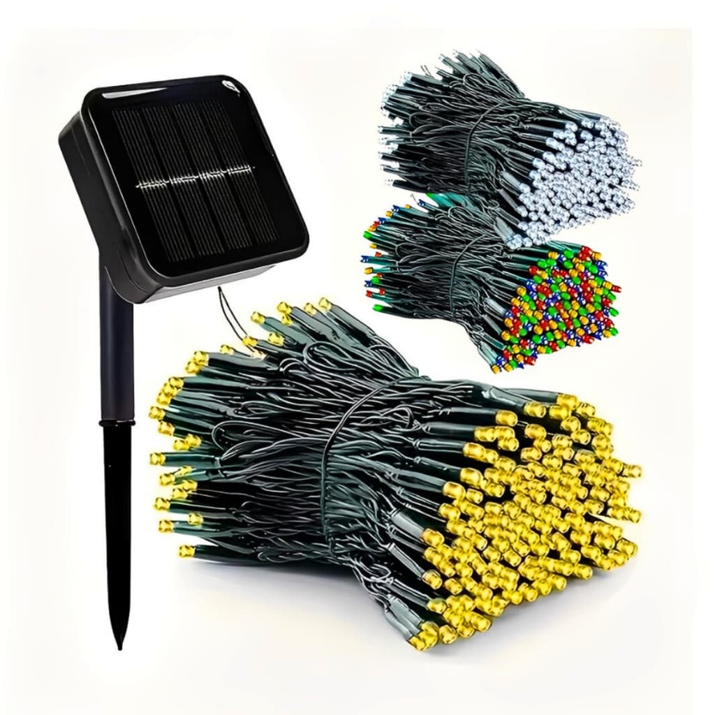 Pisca-Pisca Solar de Natal 100 200 LEDs 10m 20m 8 Modos Branco Quente Frio e Colorido Externo IP44
