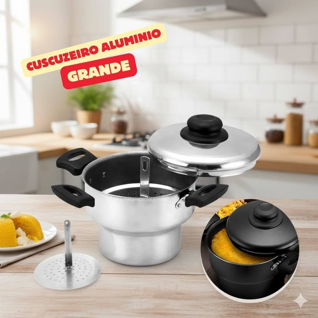 Cuscuzeira Grande Alumínio Capacidade 3 Litros Panela Cozimento Rápido Revestimento Durável