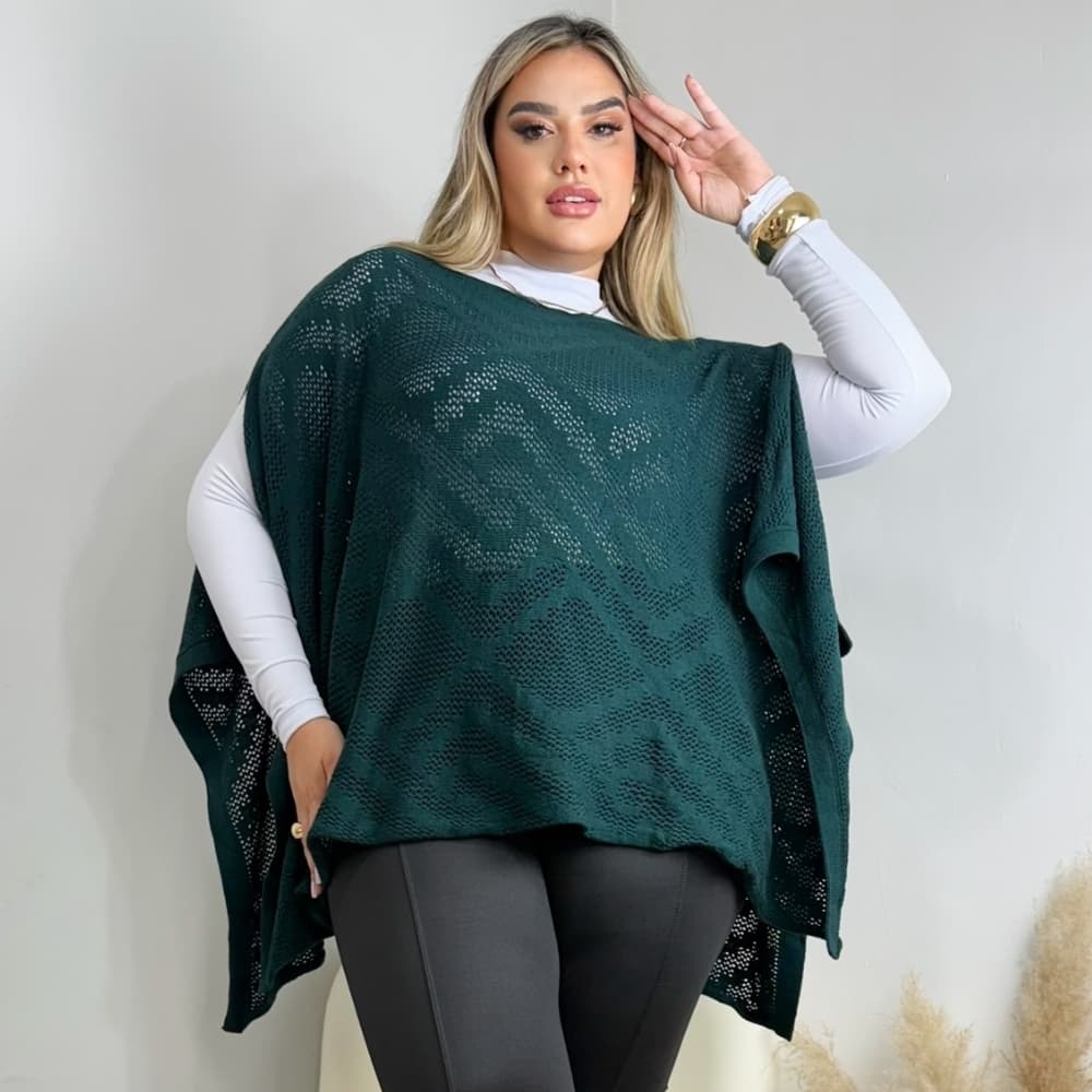 Poncho Feminino Plus Size Tricô Modal Decote Canoa Inverno Elegante Confortável