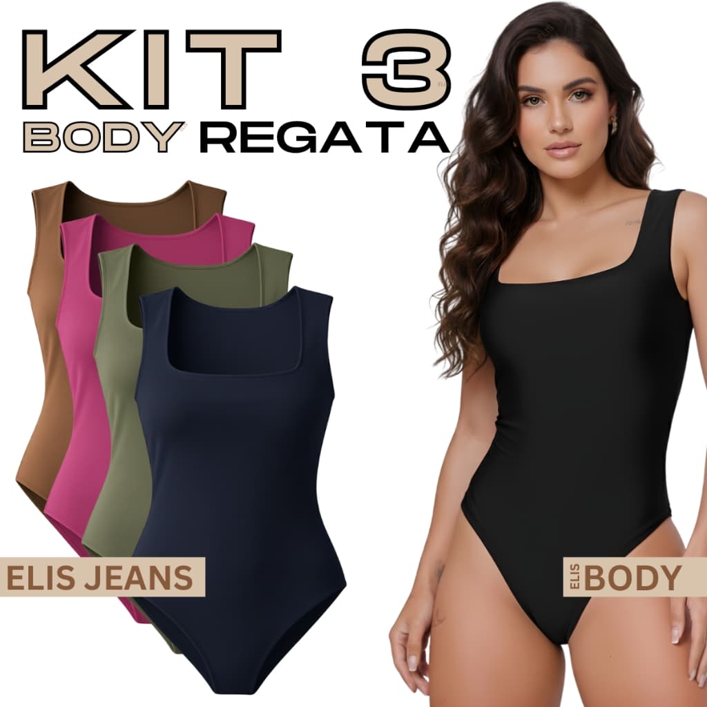 Kit 3 Body Regata Feminino Decote Quadrado Alça Larga Com Forro Suplex