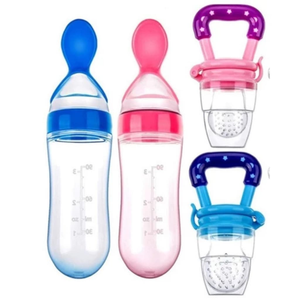 Kit Alimentação Chupeta Mordedor Porta Frutas e Mamadeira de Silicone com Colher Dosadora