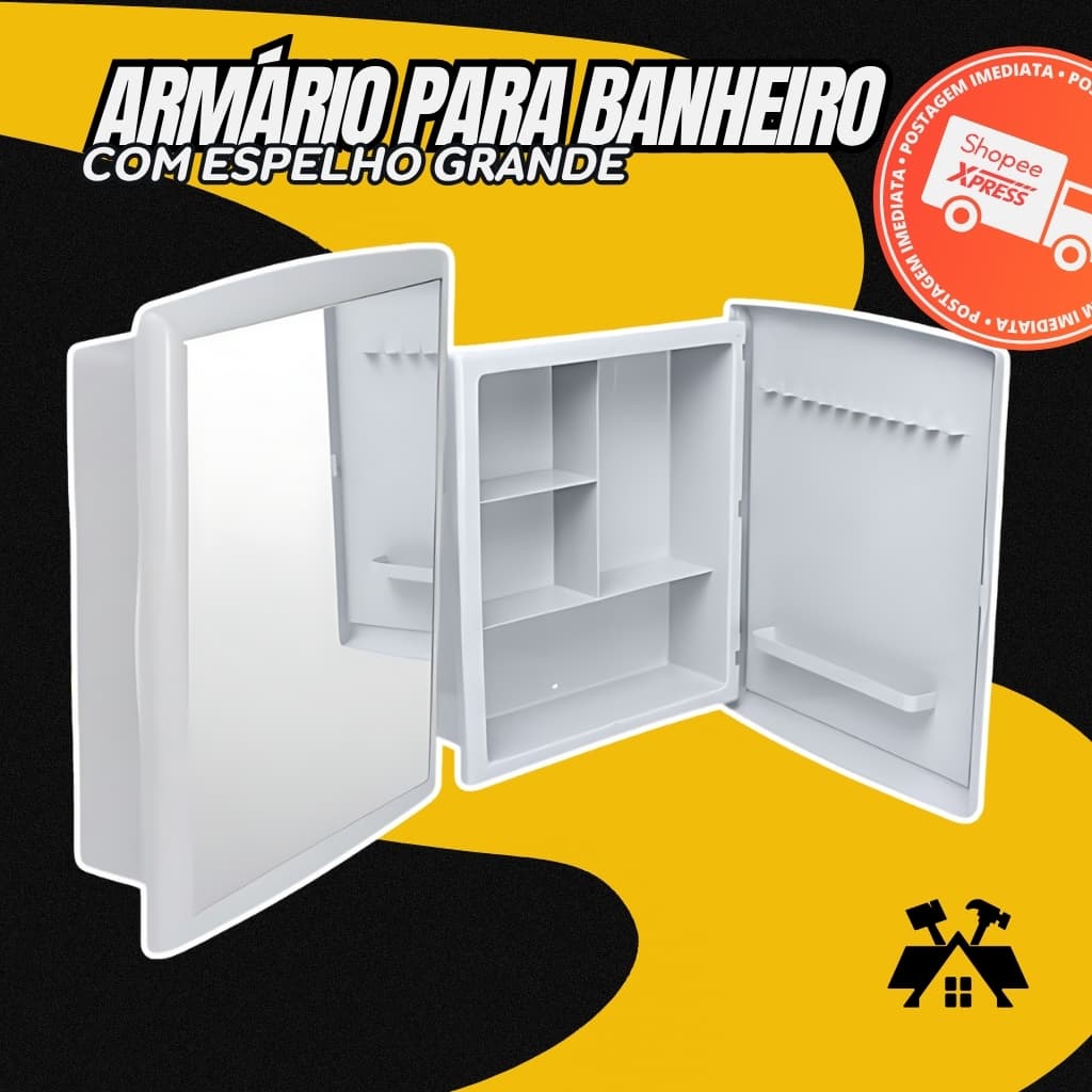 Armário de Banheiro com Espelho Grande Luxo – Armário Suspenso Dual com Porta e Prateleiras Amarinho