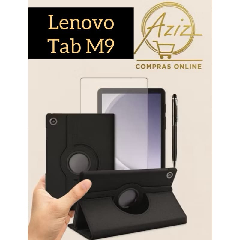 Kit Completo 3 em 1 Lenovo Tab M9 – Capa Giratória 360° Premium + Película de Vidro 9H + Caneta Touch