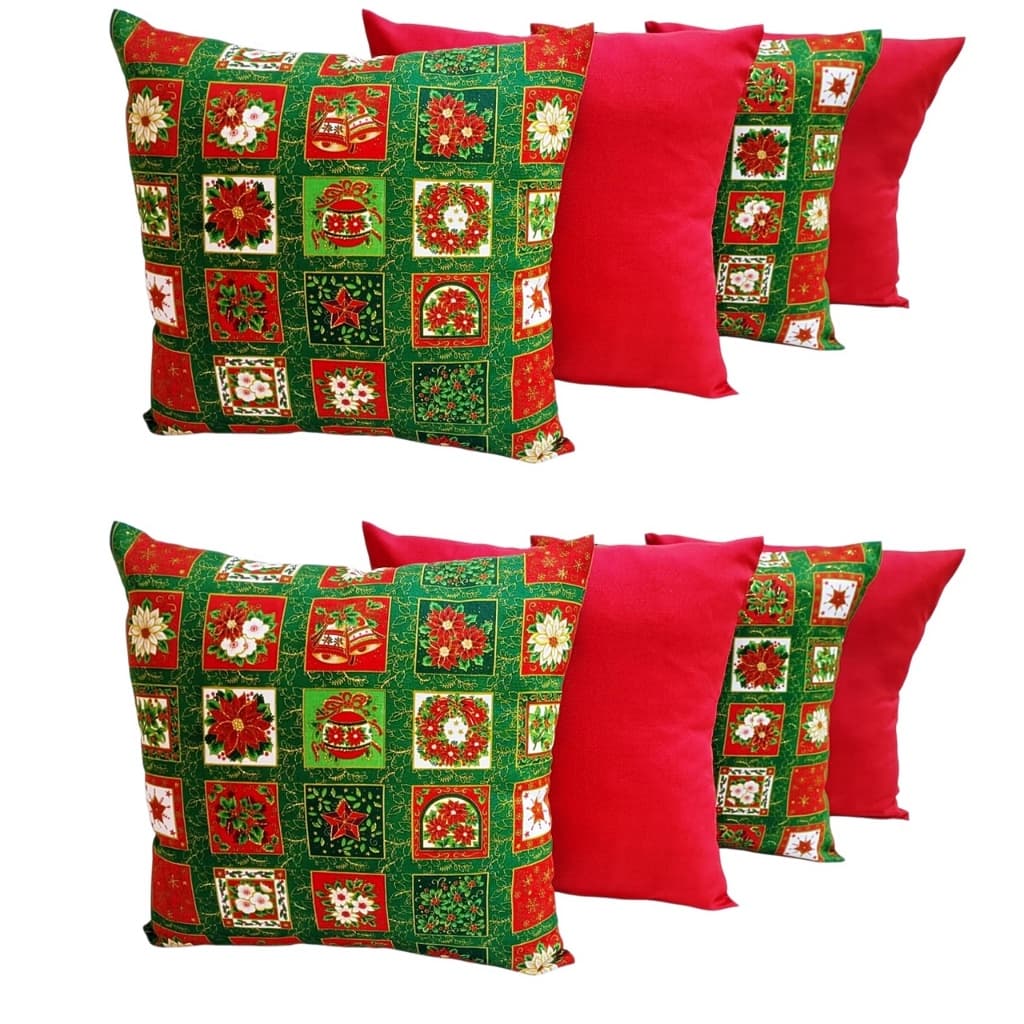 Kit 8 Capas Almofadas Natal, 4 Estampa Quadriculada Com Brilho 4 Vermelha Lisa 45x45 cm Com Ziper Escondido