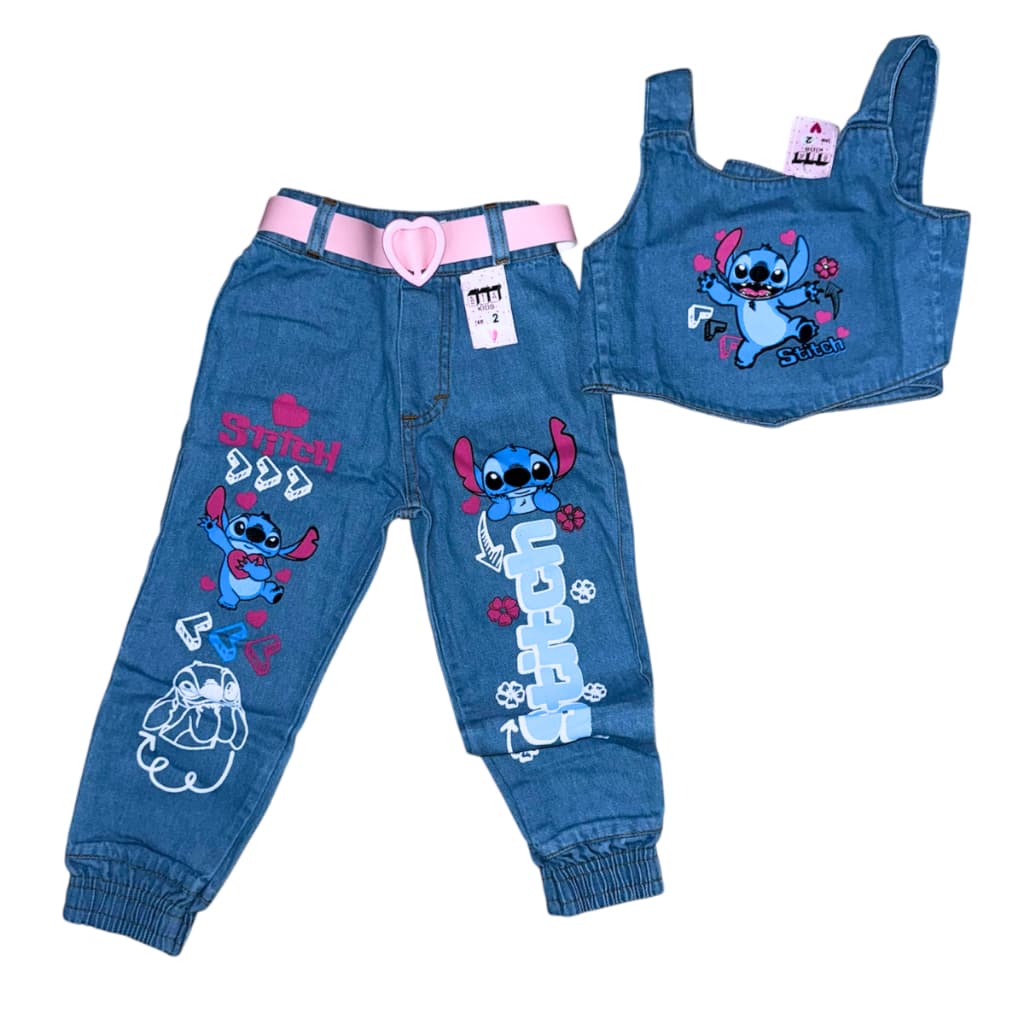 Conjunto Jeans Stitch Juvenil Modinha Blogueirinha Infantill Menina Estampa Ajustável Amarração Regulável Algodao