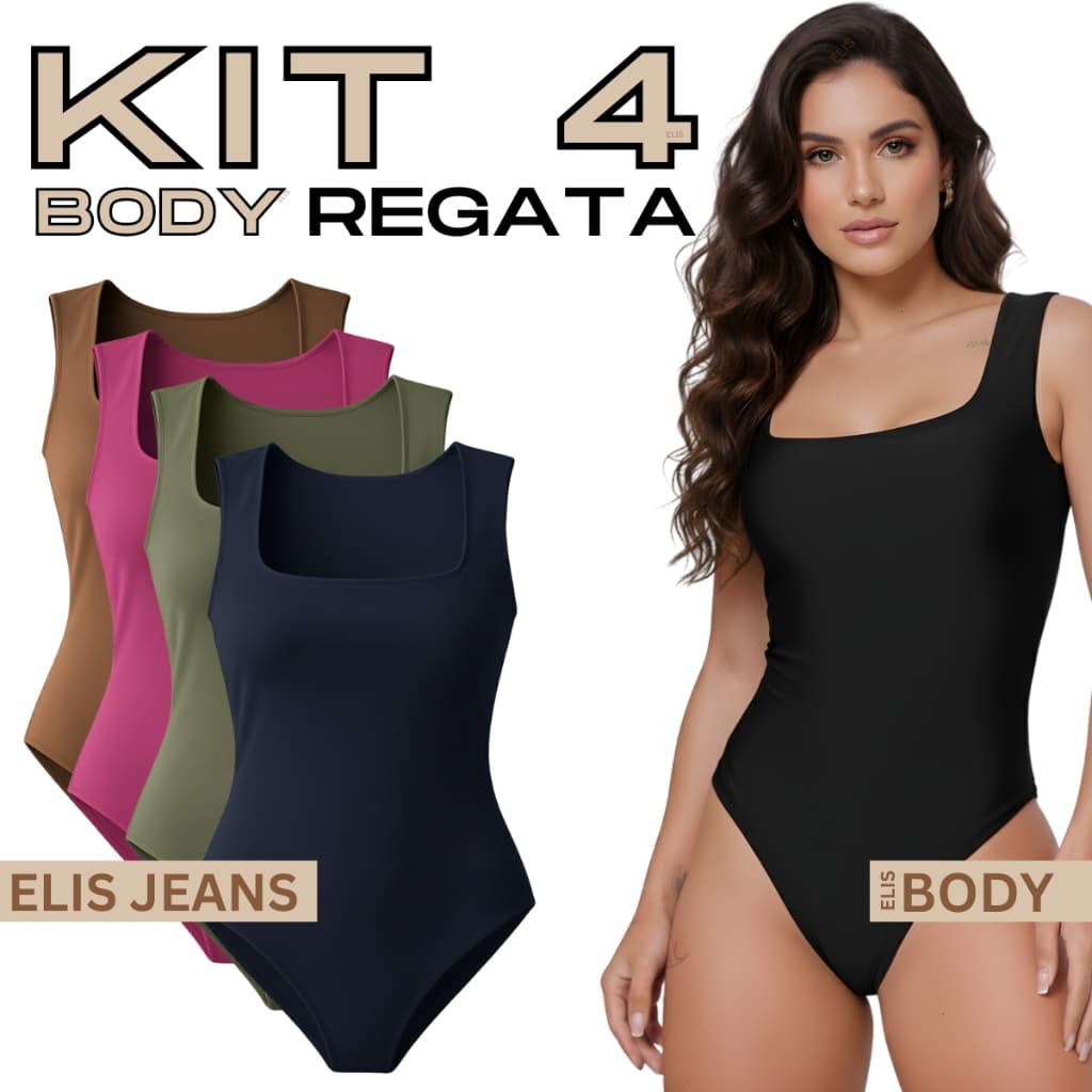 Kit 4 Body Regata Feminino Decote Quadrado Alça Larga Com Forro Suplex