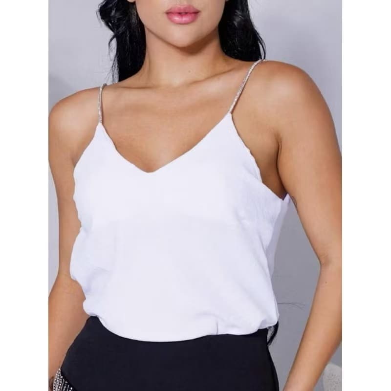 Blusa Feminina Duna Alça Strass com brilho Decote V D-33
