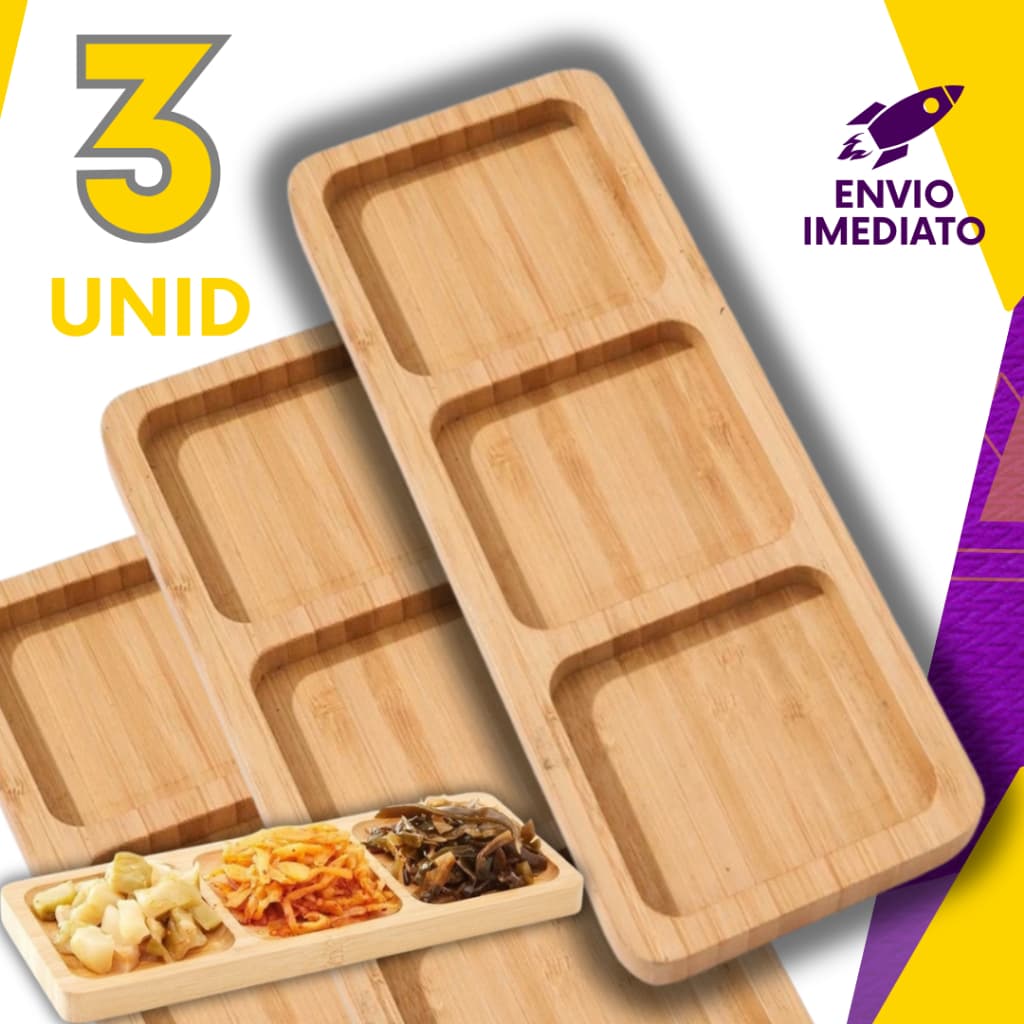Petisqueira 100% Bambu Retangular C/3 Divisórias Queijo Fondi Frios Petiscos Patê Frutas Amendoim Dia Dos Namorados