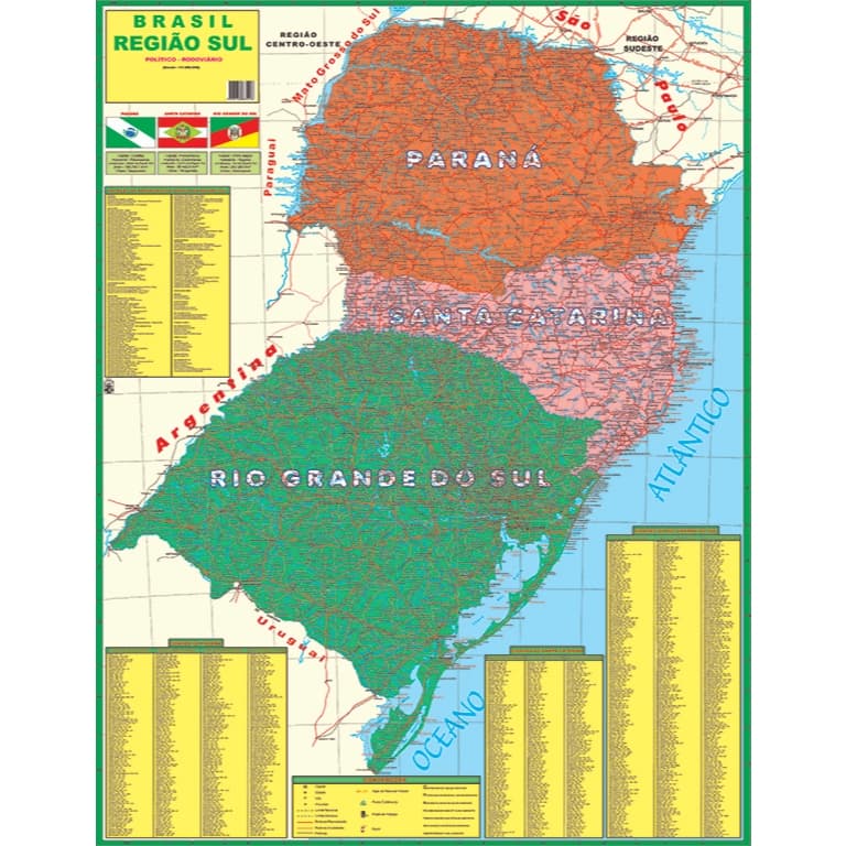Mapa Região Sul do Brasil 120x90cm  Atualizado