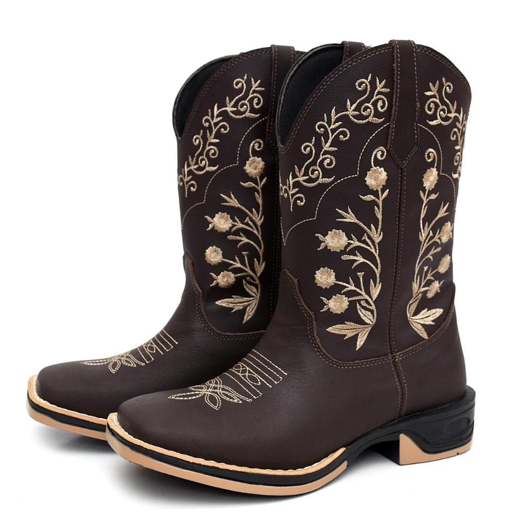 Bota Texana Feminina Café Marrom Flor Bege Dourado Sola Jump
