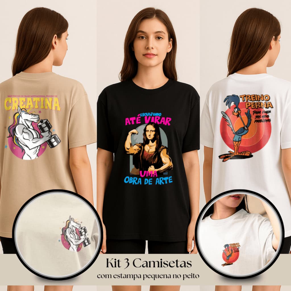 Kit 3 Camisetas Femininas Conjunto de Academia Oversized 100% Algodão Camiseta Larga