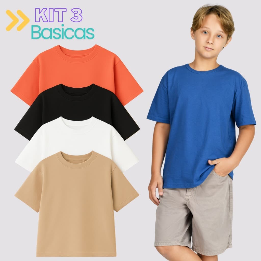 Kit 3 Camisetas Sortidas Infantil Lisa Básica Algodão Menino Manga Curta