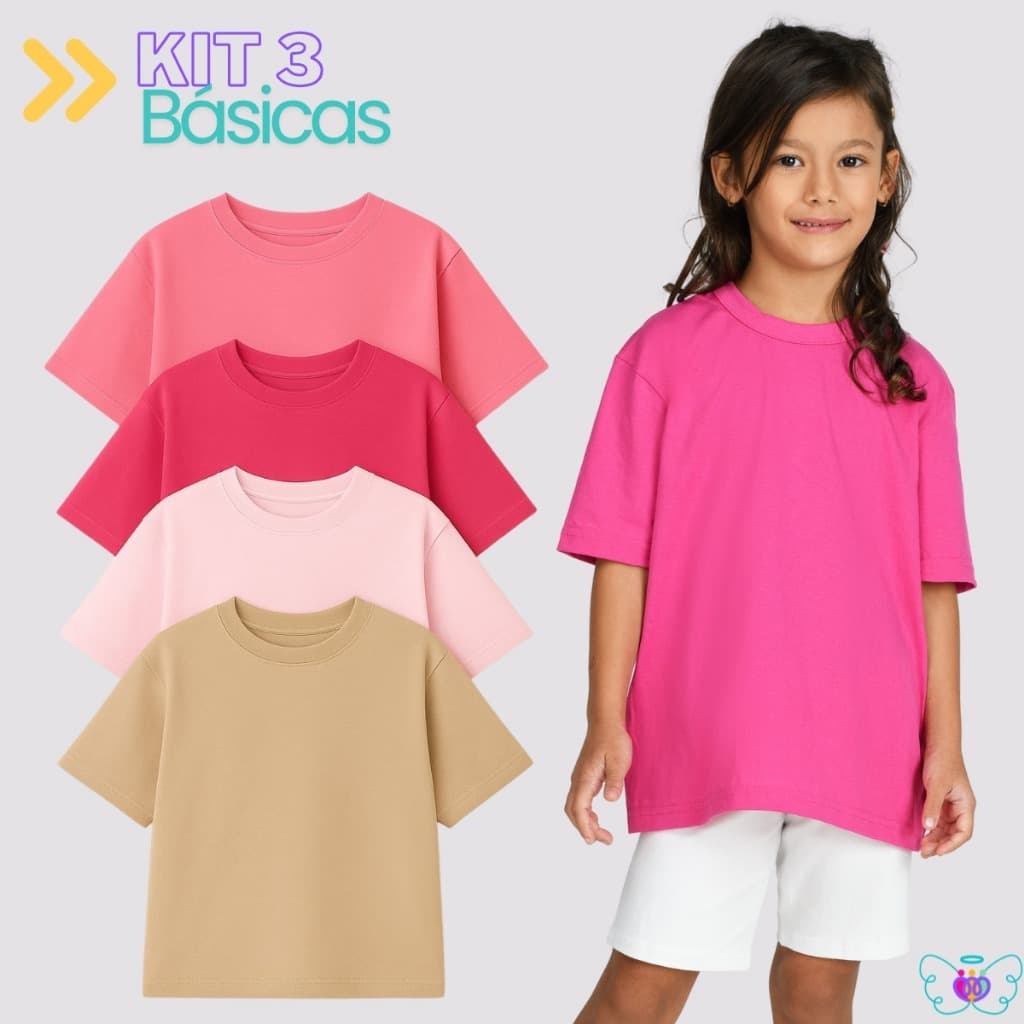 Kit 3 Camisetas Sortidas Infantil Lisa Básica Algodão Menina Manga Curta