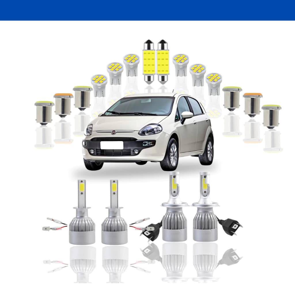 Kit Lâmpada led Fiat Punto 2007 a 2016 ( Farol Alto Baixo Milha Farolete placa teto ré seta freio malas luvas ) H4 H1 47