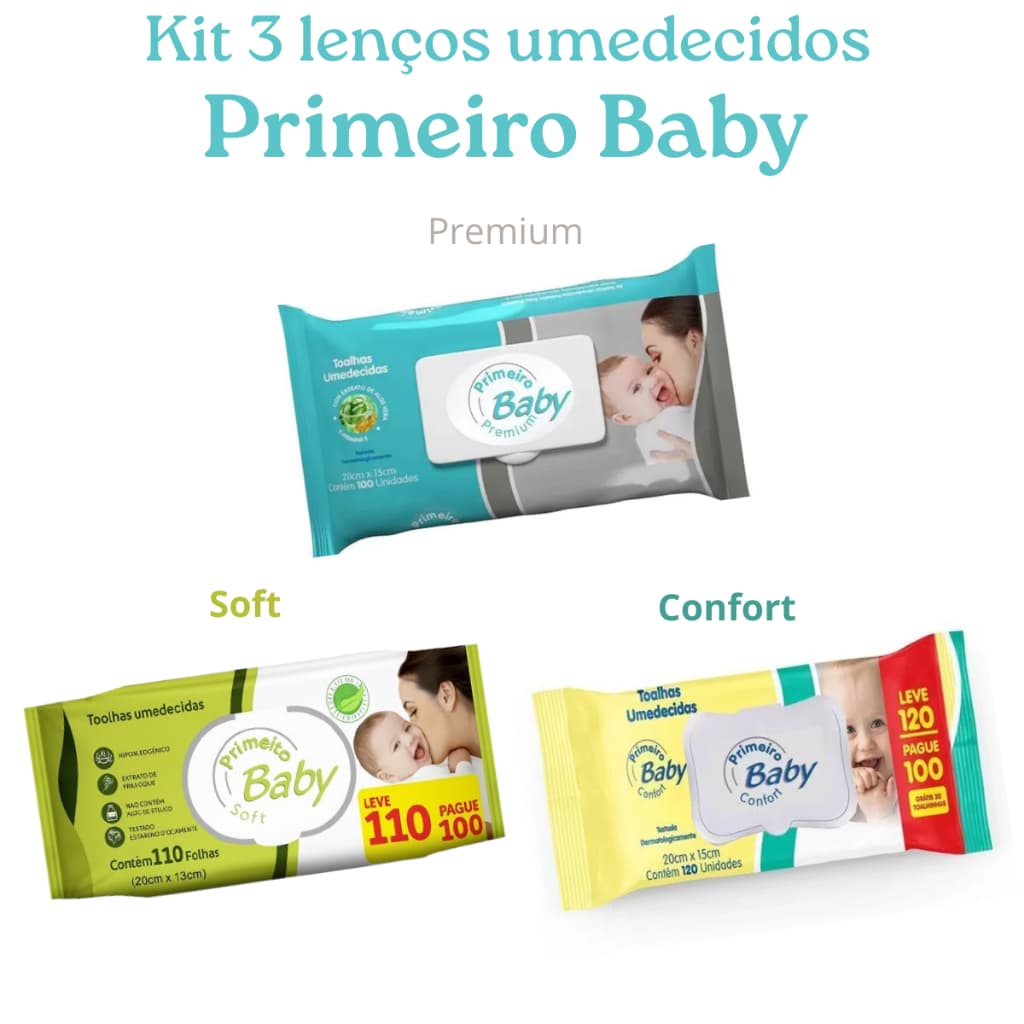 Kit Econômico 3 Lenços Umedecidos Primeiro Baby Soft Premium Confort | 330 Unidades Cuidado Diário