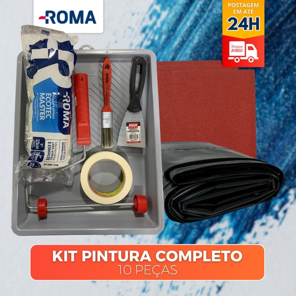 KIT PINTURA 9 ITENS: BANDEJA, 3 LIXAS , FITA CREPE, TRINCHA, ROLO, CABO, ESPATULA, LONA PLASTICA
