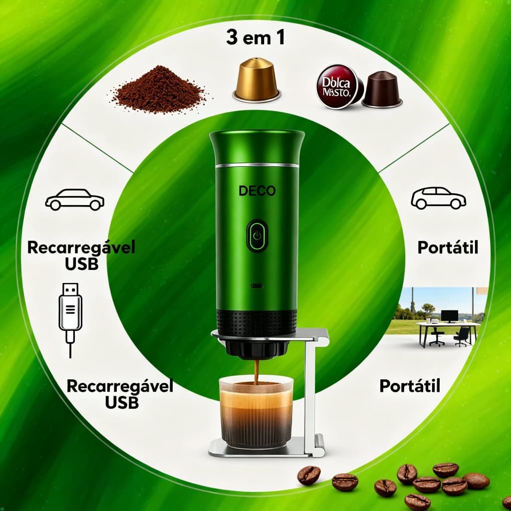 Cafeteira Portatil Capsulas Expresso para Carro e Trabalho Nespresso Dolce Gusto e Café Moído Recarregável USB