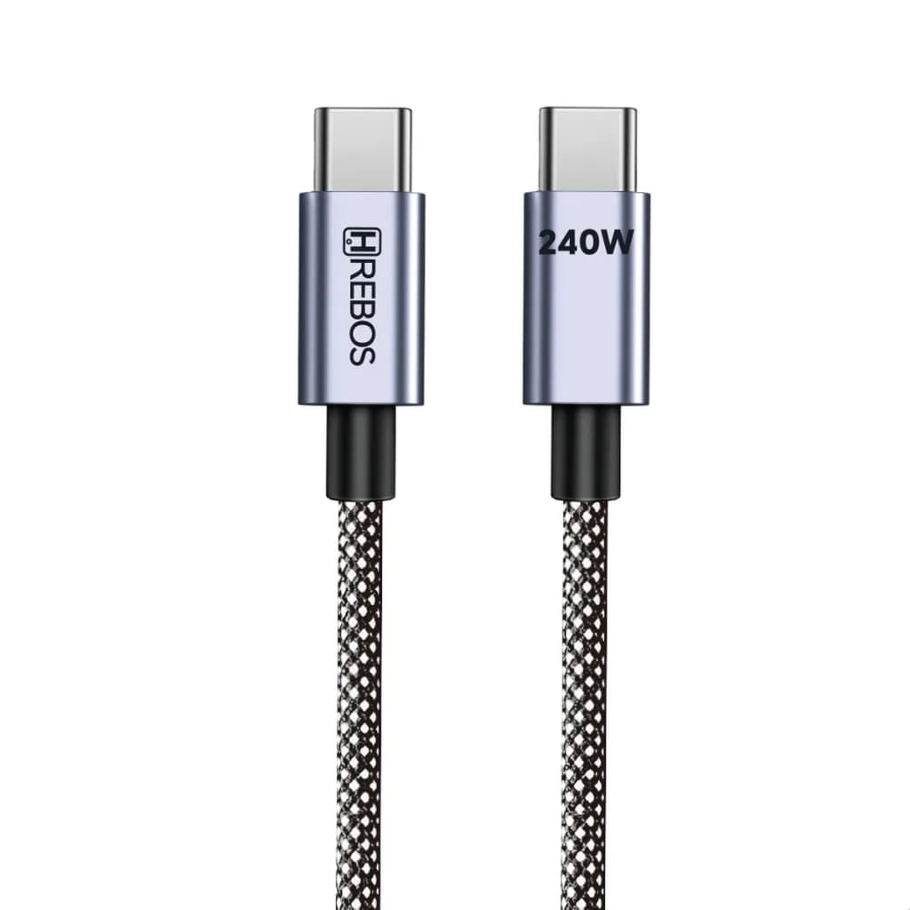 Cabo Hrebos Pro Cable 240W PD 3.1 Tipo-C Turbo 1M e 2M Preto e Branco