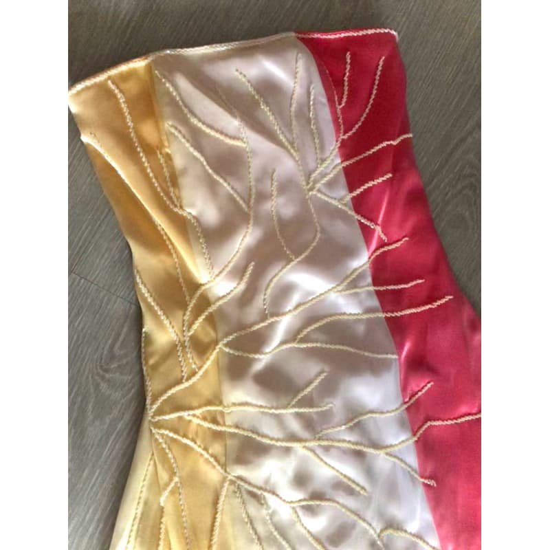 Vestido Longo De Festa Cetim Bordado Colorido Rosa Amarelo Tamanho PP