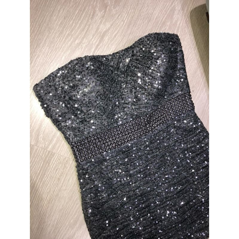 Vestido De Festa Curto Paetê Prata Chumbo Tamanho M