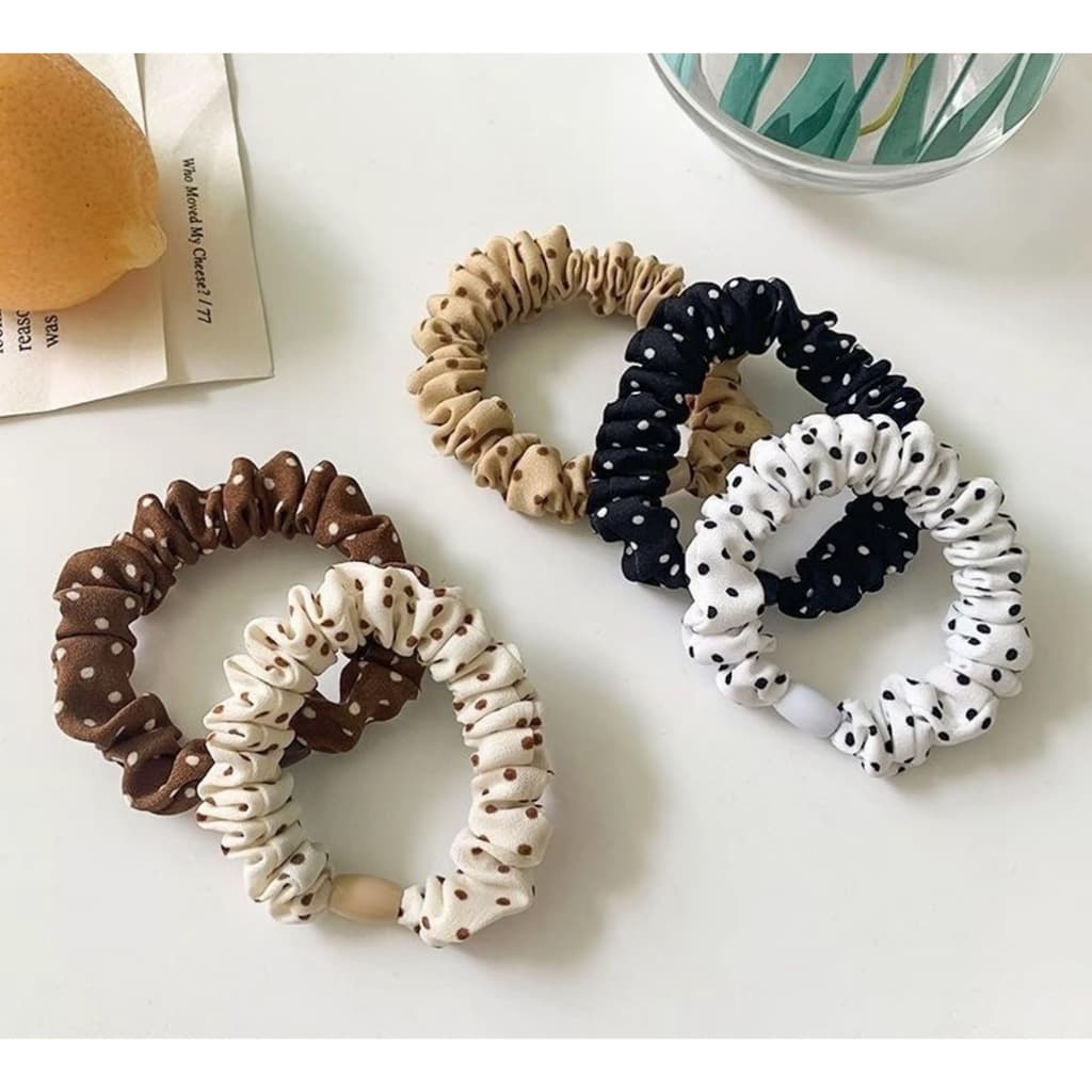 KIT 5 cores Elásticos de Cabelo com Poá Vintage – Estilo Retrô e Charmoso
