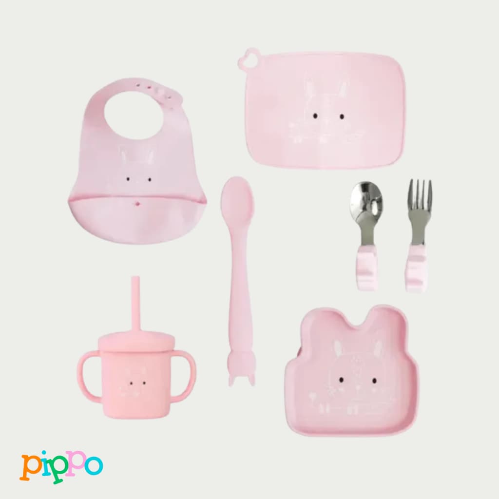 Kit Alimentar Bebê Prato Ventosa Babador Jogo Americano  Copo Silicone Talheres 7 Peças Prático e Seguro Fácil de Limpar
