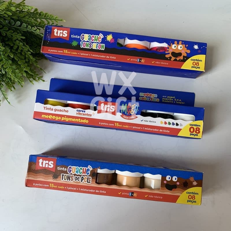 Tinta Guache em Pote - 6 Cores  de 15ml cada, 1 Pincel e 1 Mistudador - Tris / WX Gift
