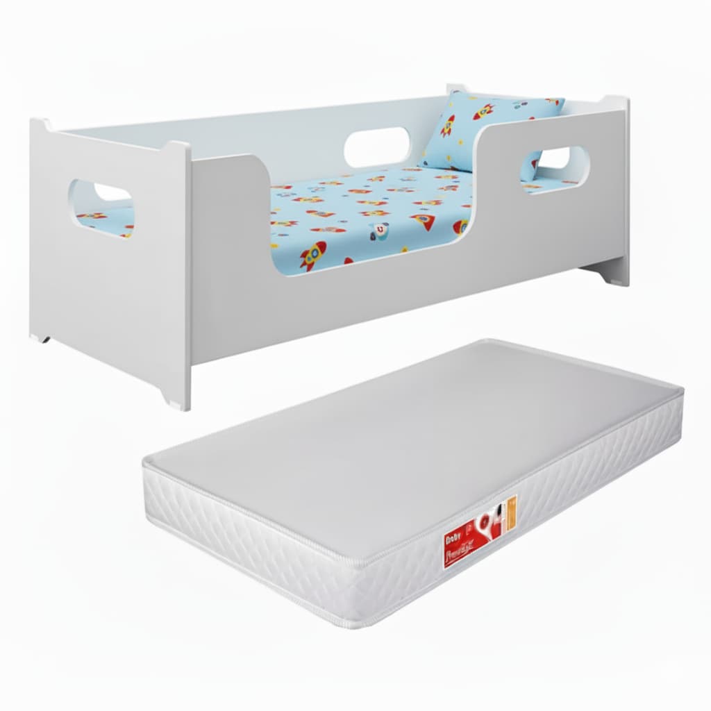 Cama Infantil Encanto Branco Com Colchão Incluso Grade Lateral Proteção Menina e Menino Quarto Montessoriana