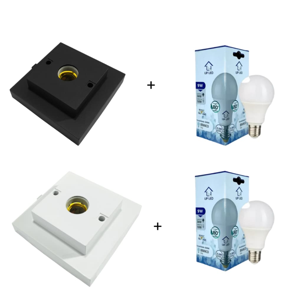 Kit Plafon Quadrado Preto e Branco 100W Interneed E27 + Lâmpada 9W 6500K Casa Luminária Apartamento Área Interna Sala