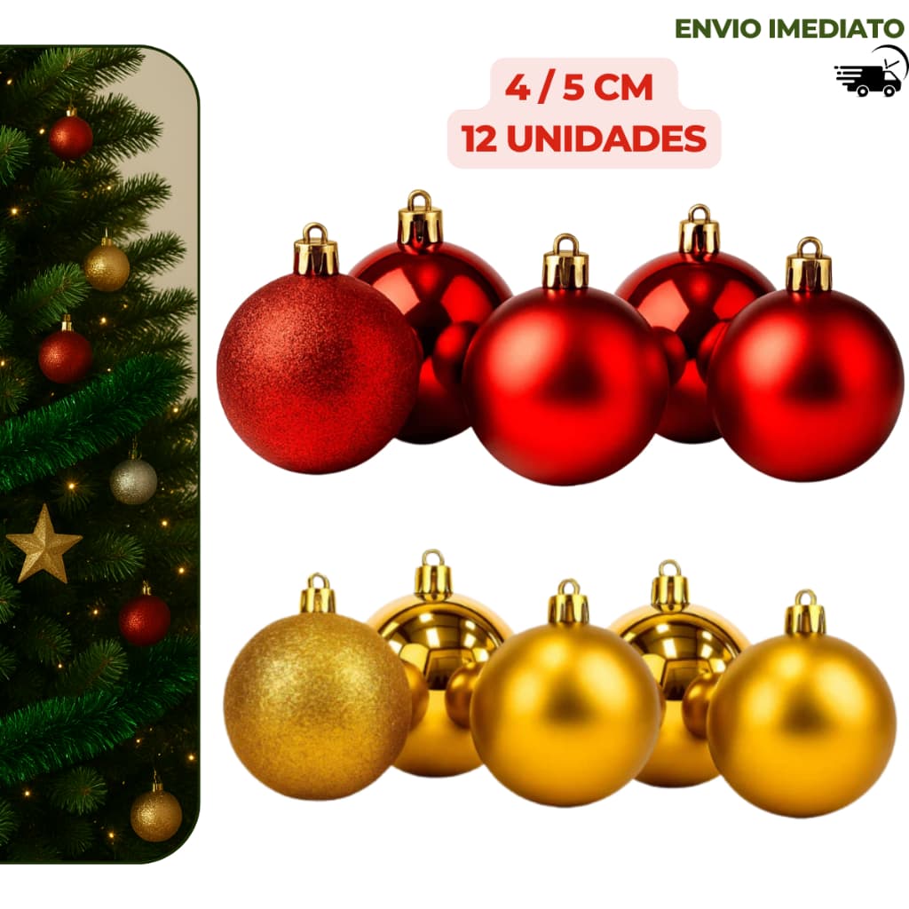 Kit 12 Bolinhas de Árvore de Natal 4cm/5cm 12 Unidades Mista Lisa Fosca Glitter Decoração Natalina