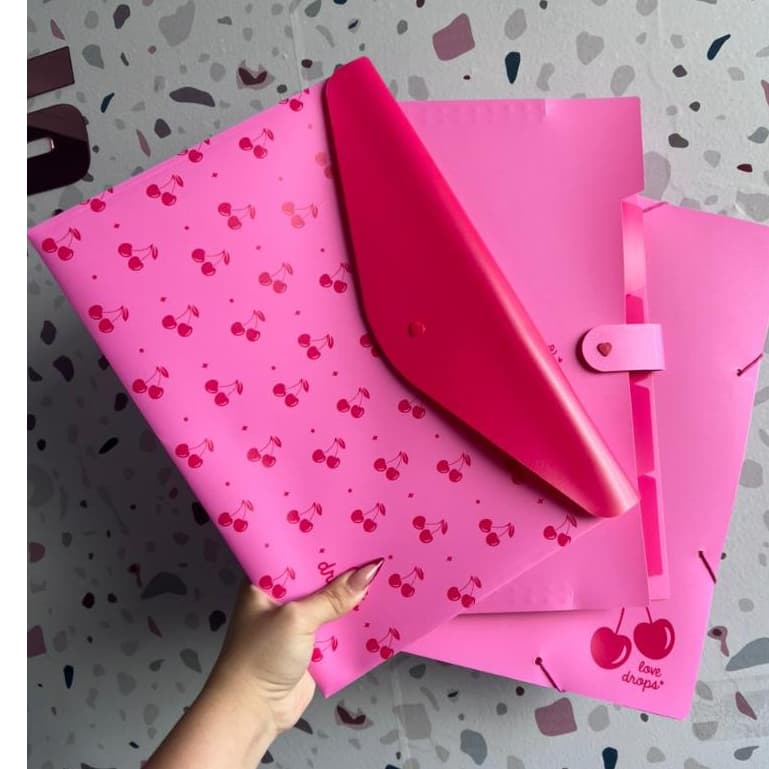 Pasta Cereja Love Drops Pasta Envelope Pasta Sanfonada C/5 Divisórias ou Pasta Aba Elástica OU Kit 3 Pastas Polibras