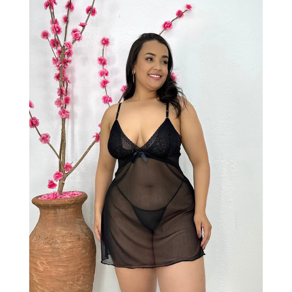 Camisola Plus Size Decote Nas Costas Tule Detalhe Renda Feminino