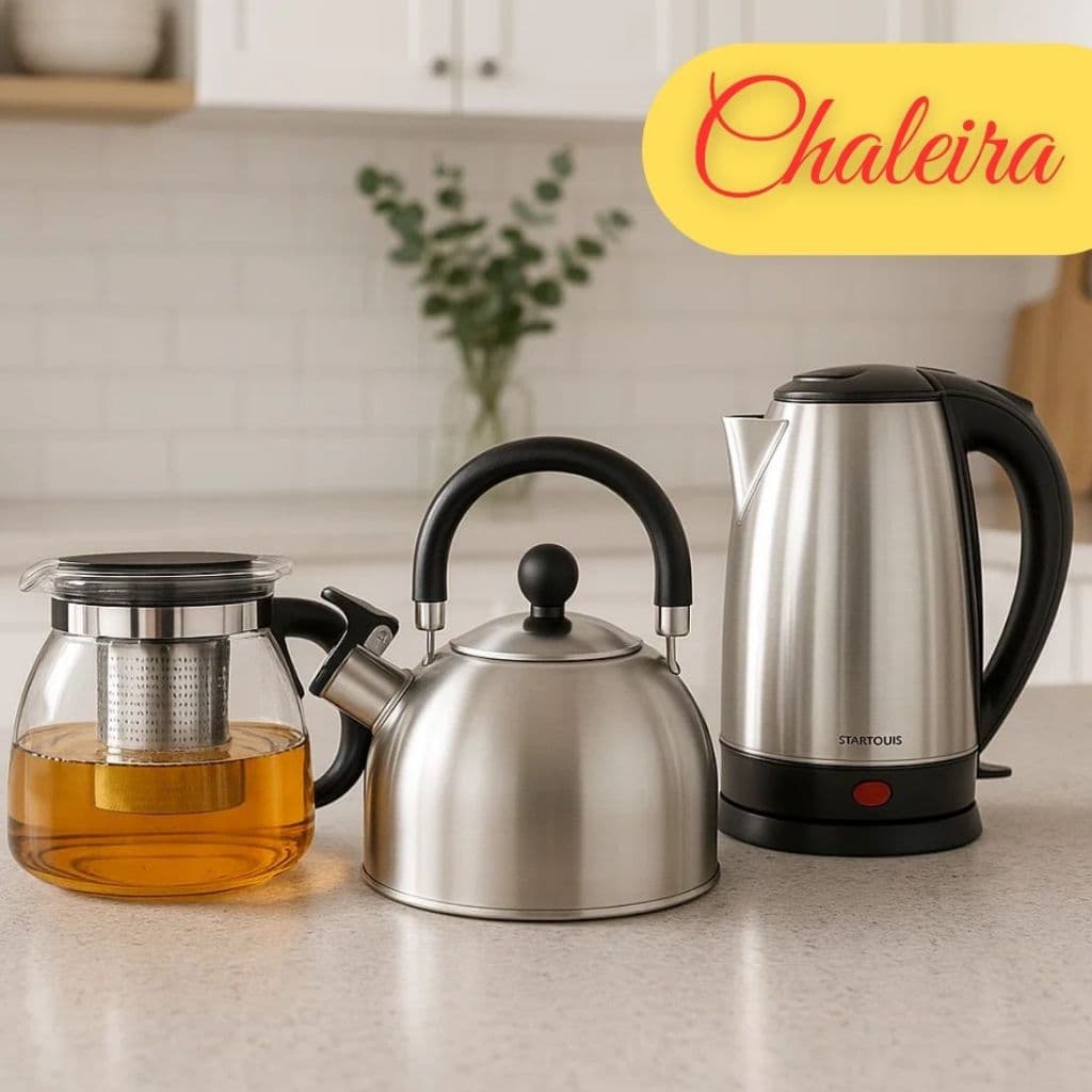 Chaleira Elétrica 2L Inox Base 360º 220V Fervedor Apito Aço Inox Bule Vidro Infusor 950ml Água Café e Chá Aquece Rápido