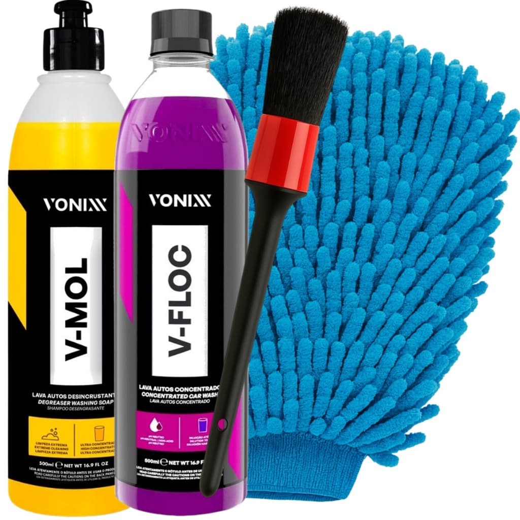 Kit Lavagem de Moto Shampoo Neutro V-Floc Vonixx e Shampoo para Barro V-Mol Vonixx Pincel e Luva