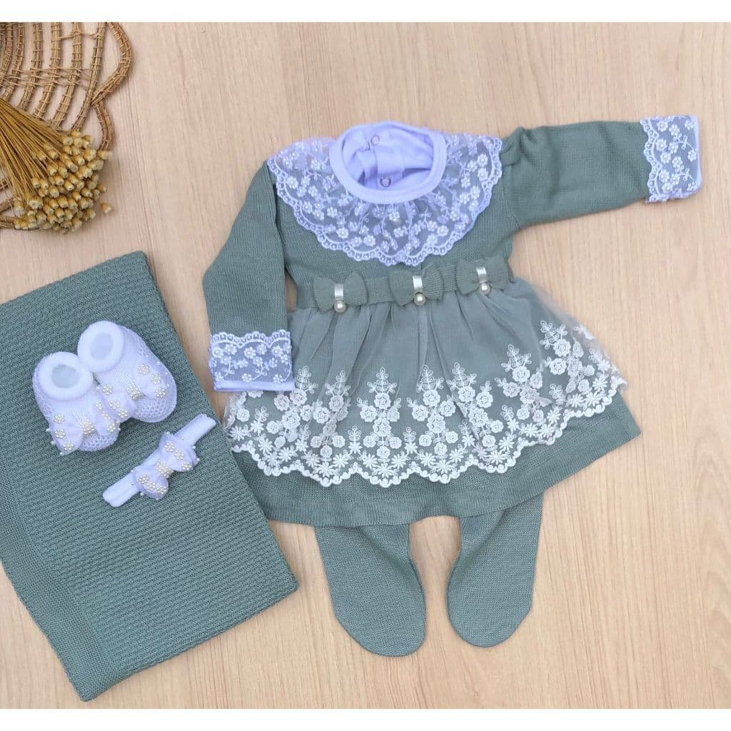Saída De Maternidade Vestido Com Renda Menina tricot 6 peças