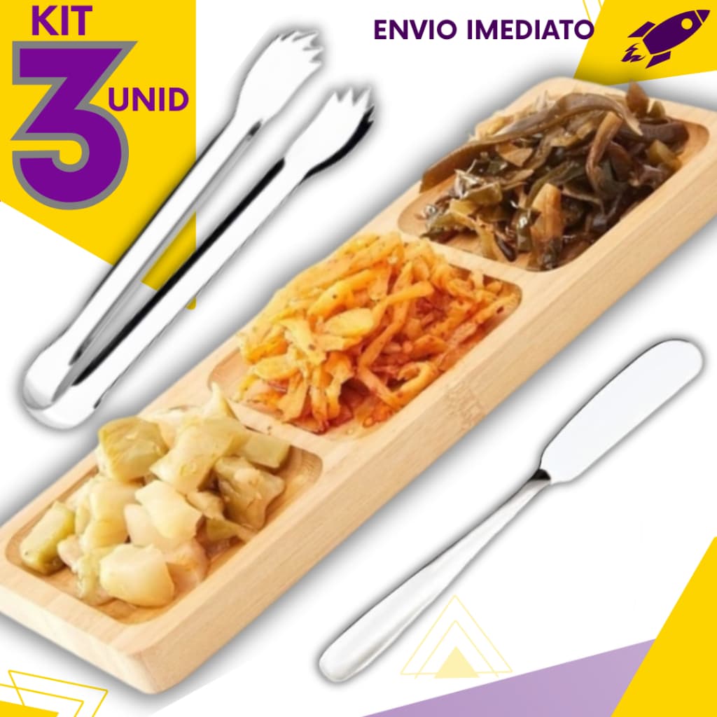 Combo 3 Petisqueira Bambu + Pegador Inox + Espátula inox Frios Queijo Salame Patê Petiscos Frutas