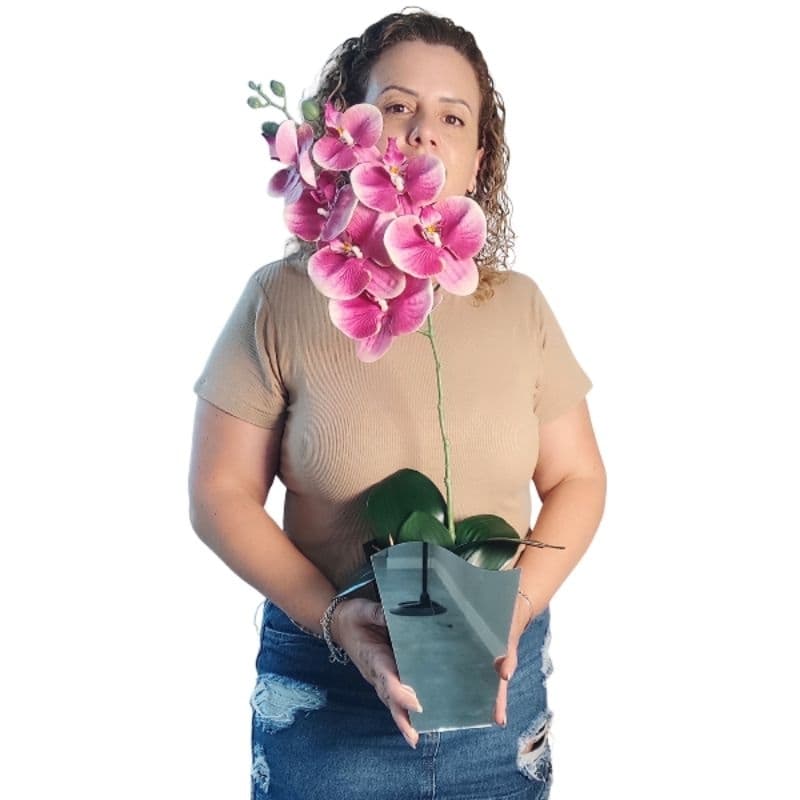 Arranjo orquídea branca artificial 3D realista siliconada em vaso de espelho flor grande.