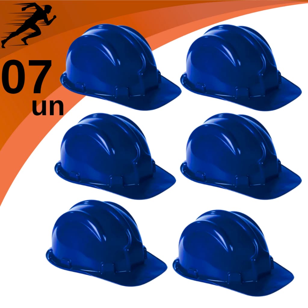 Kit 7 Capacete de Segurança Azul Com Carneira Ajustável Para Obra Construção Civil Proteção Epi