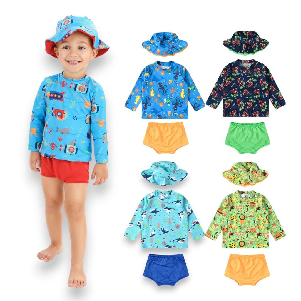 Kit 3 Peças Moda Praia. Blusa com Proteção Solar UV50 + Sunga + Chapéu Bebê e Infantil Meninos