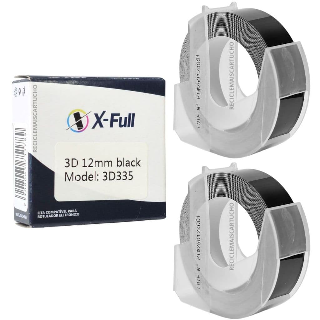 2 Fita Preta Vinil 3D335 3D-335 Compatível Dymo Rotulador Manual 12mm Alto Relevo X-full