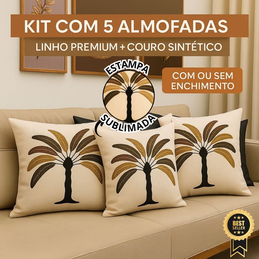 Kit 5 Almofadas Decorativas Linho Premium e Couro Sintético Sofá Sala Quarto Luxo Moderna