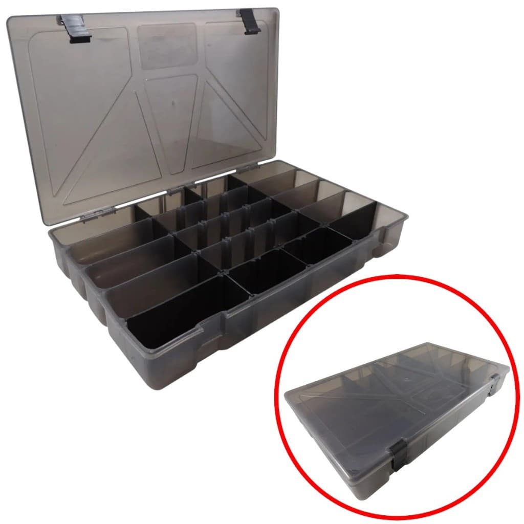 ESTOJO ORGANIZADOR BOX 50 FUMÊ PARA ISCAS ARTIFICIAIS, PARAFUSOS, BIJUTERIA ETC C/ 24 DIVISÕES - ROCHEL PESCA