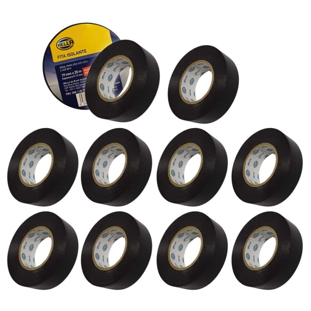 Kit 10 Fita Isolante 20 Metros 19mm Resistente Fogo Graxa Umidade Fita Isolante 20m 19mm Hella