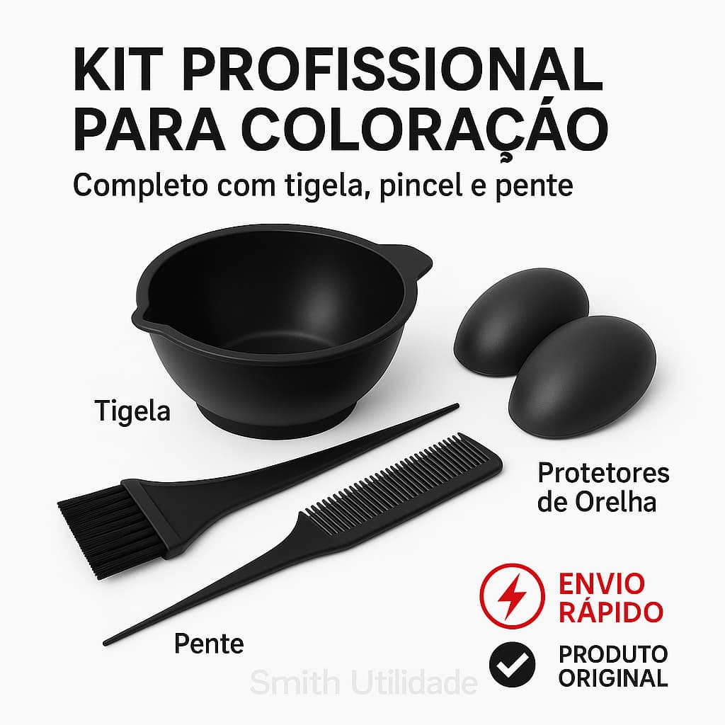 Kit Profissional para Coloração de Cabelos – Pote, Pincel, Pente e Protetores de Orelha