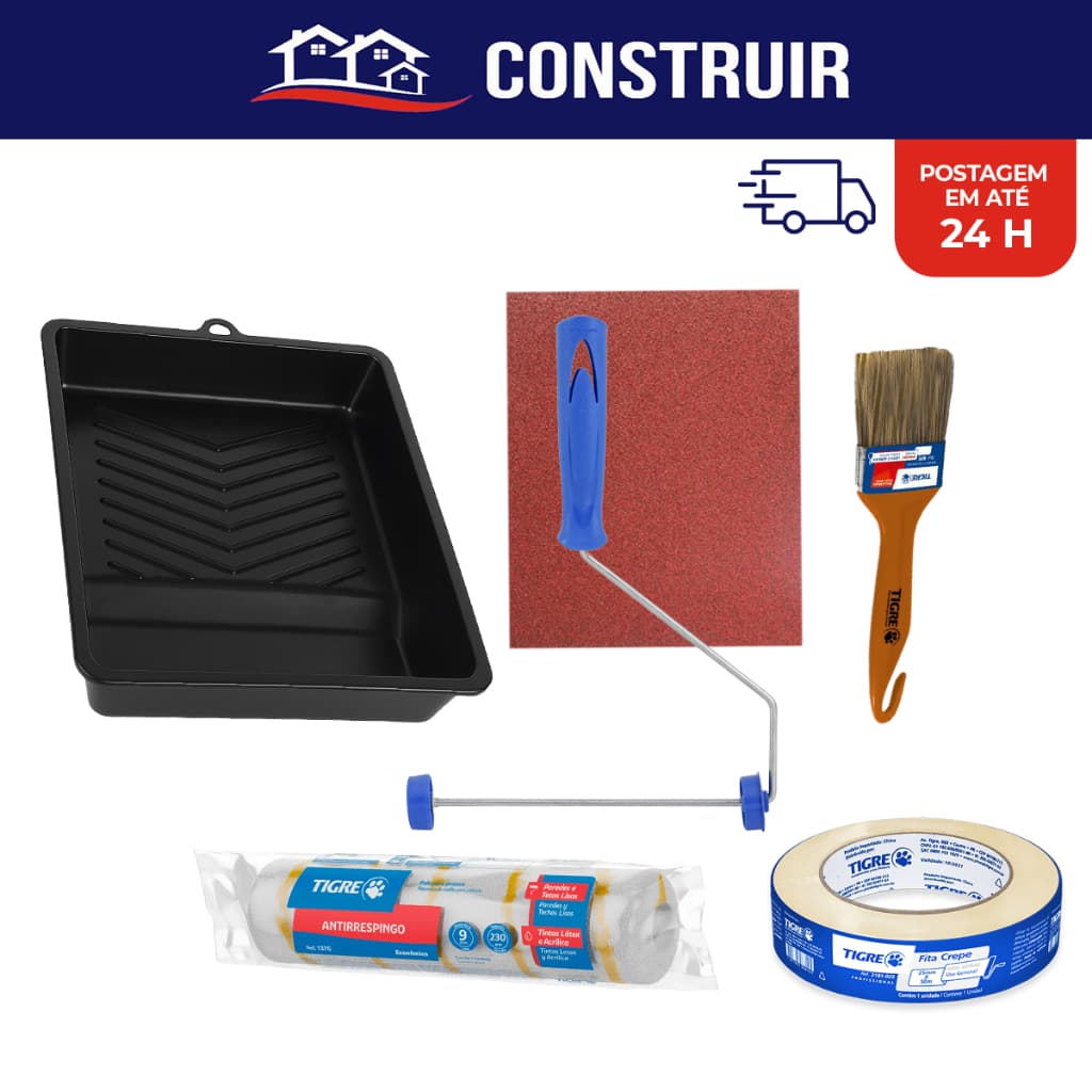 Kit Pintura Casa Quarto Rolo Lã Anti Respingo + Pincel E Bandeja Com 10 Peças Tigre