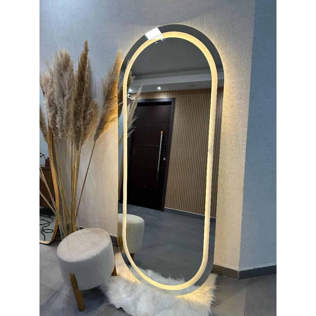 Espelho Oval EL07 Corpo Inteiro 170cm x 70cm Polido LED Jateado Luz Branca e Luz Amarela Sala Quarto Banheiro